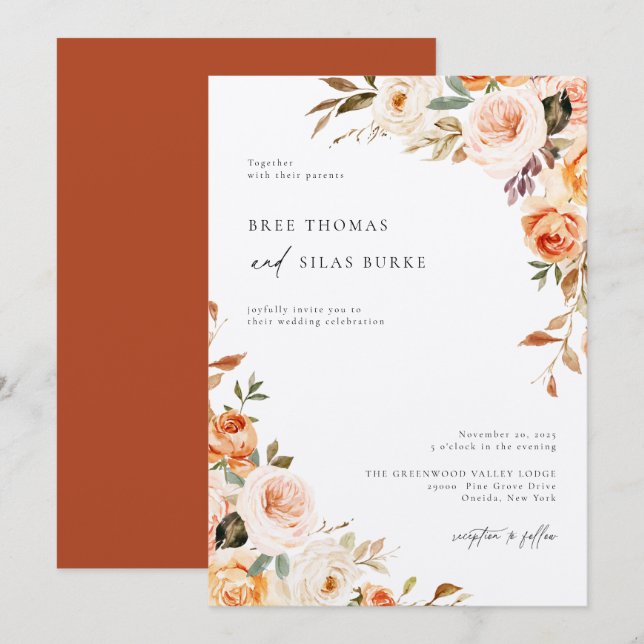 Earthy Autumn Botanical Floral Wedding Invitation (Front/Back)