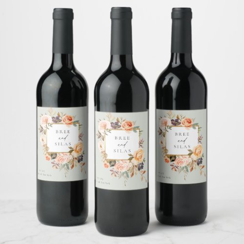 Earthy Autumn Botanical Floral Wedding Wine Label