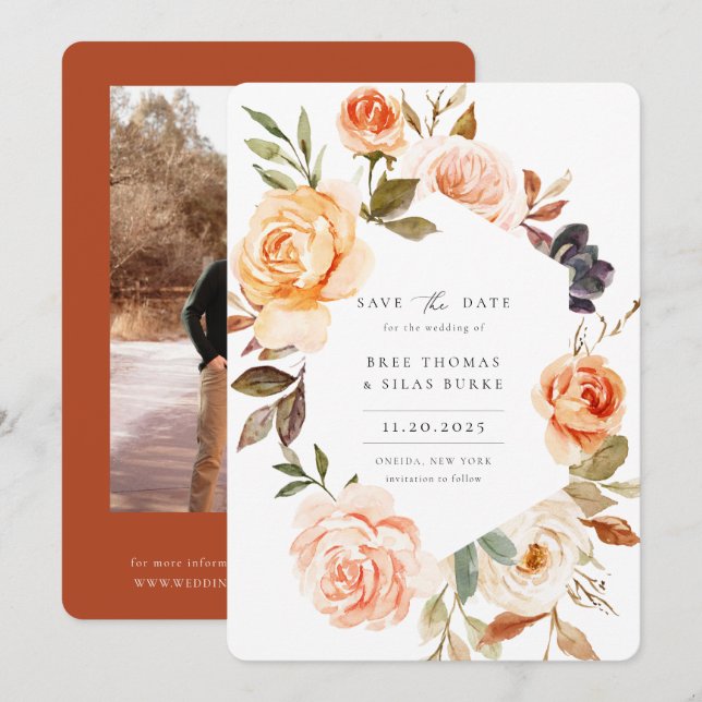 Earthy Autumn Floral Photo Save The Date (Front/Back)