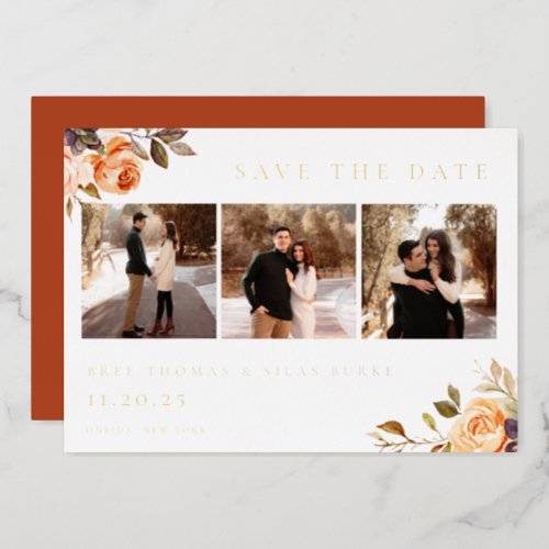 Earthy Autumn Floral Photo Save The Date Foil Invitation