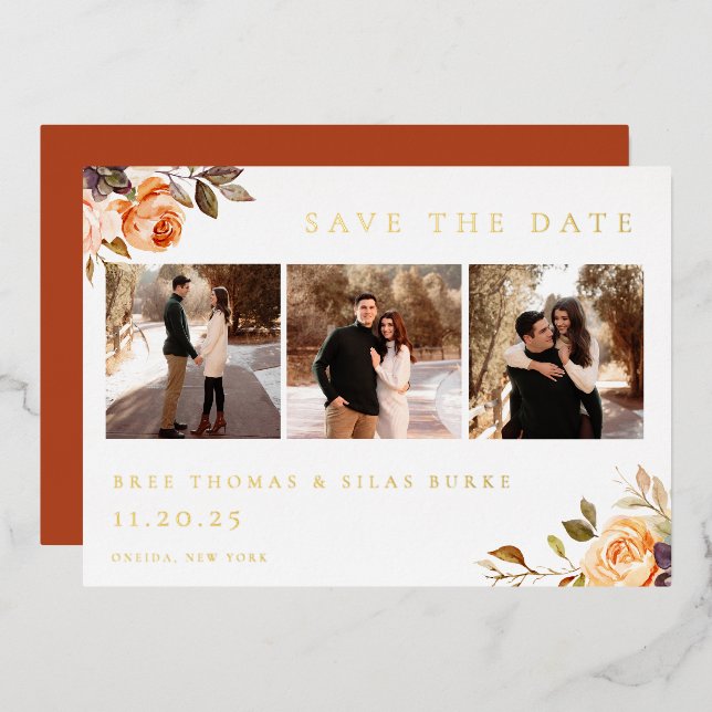Earthy Autumn Floral Photo Save The Date Foil Invitation (Front/Back)