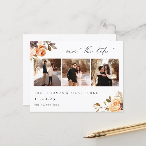 Earthy Autumn Floral Photo Save The Date Postcard