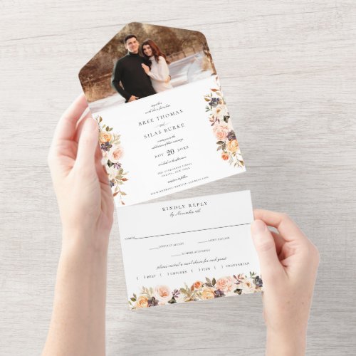 Earthy Autumn Floral Terracotta Wedding All In One Invitation