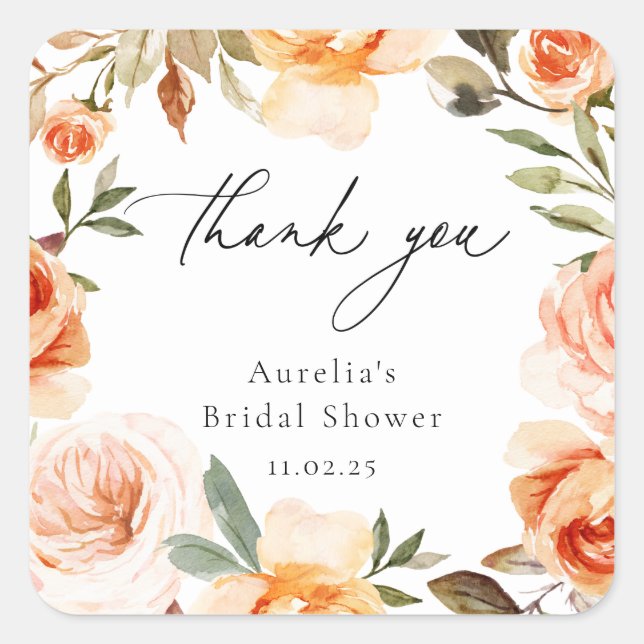 Earthy Autumn Floral Thank You Favor Square Sticker (Front)