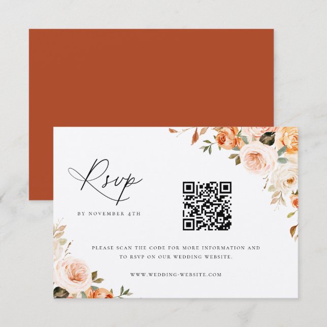 Earthy Autumn Floral Wedding QR Code RSVP Card (Front/Back)