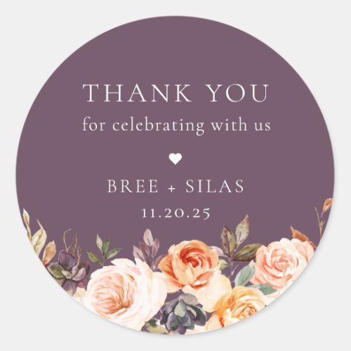 Earthy Autumn Floral Wedding Thank You Classic Round Sticker
