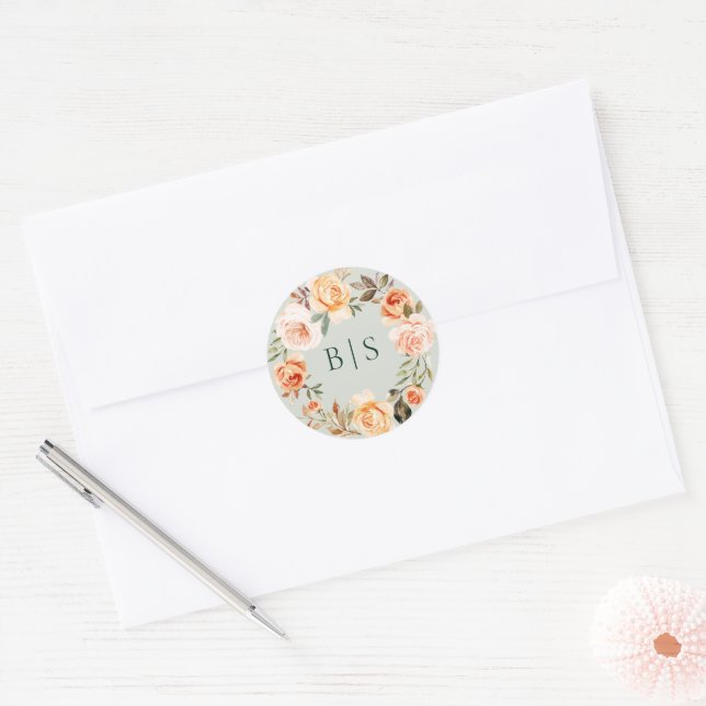 Earthy Autumn Floral Wreath Monogram Classic Round Sticker (Envelope)