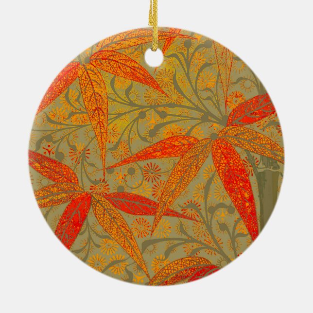 Earthy Bamboo Art Vintage Print Orange  Ceramic Ornament (Back)