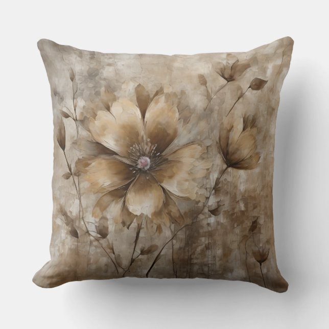 Earthy Beige Brown Watercolor Floral Print Throw Pillow (Front)