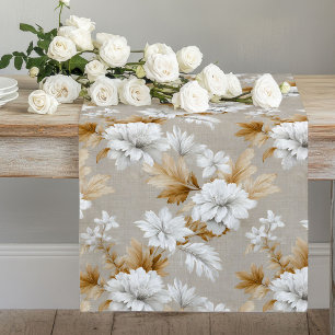 Earthy Beige Ivory White Flowers Table Runner