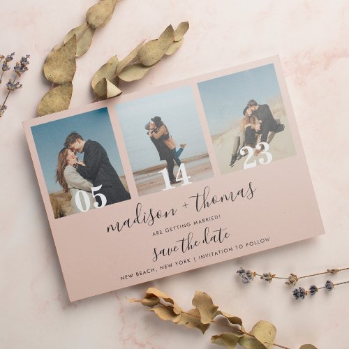 Earthy Beige Script 3 Photo Wedding Save The Date Magnetic Invitation