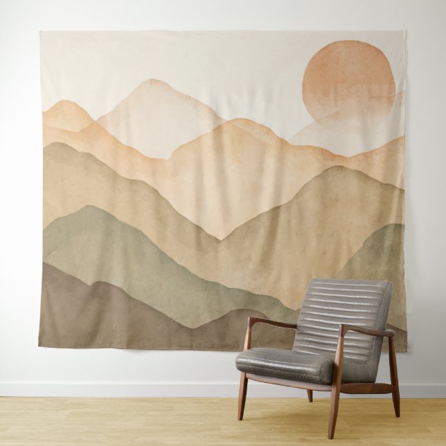 Earthy Beige Watercolor Mountains Landscape Tapestry (In Situ (Horizontal))