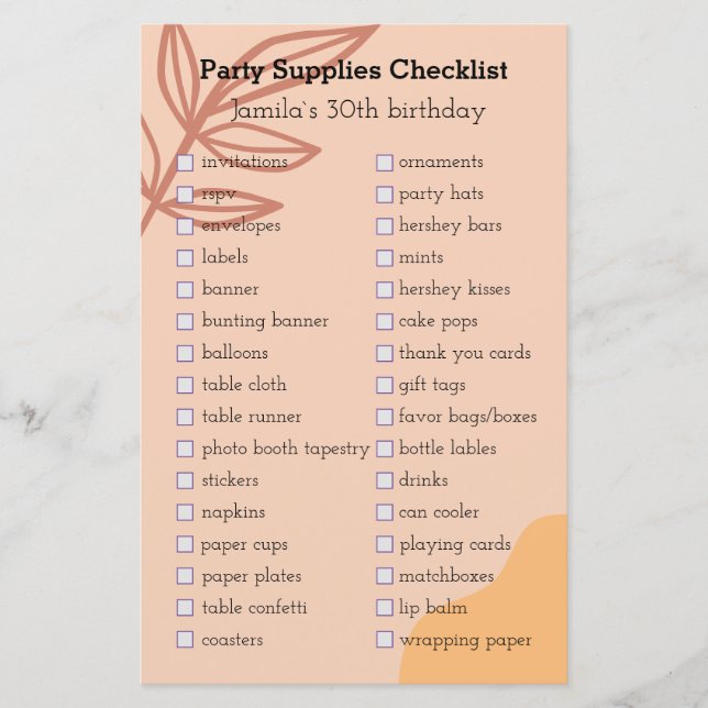 earthy birthday party supplies checklist  (Front)