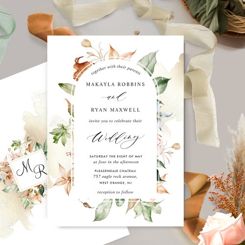 Earthy Blooms Beige Stains Elegant Arch Wedding I Invitation