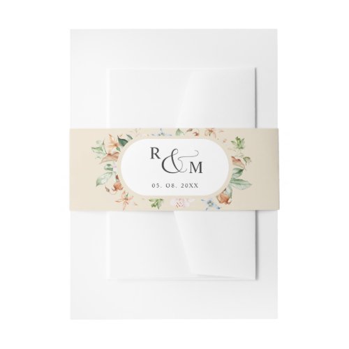 Earthy Blooms Buttery Beige Oval Monogram Wedding Invitation Belly Band