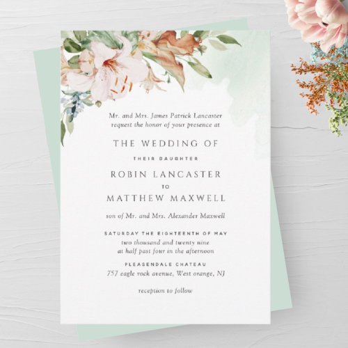 Earthy Blooms Elegant Green Formal Wedding Invitat Invitation