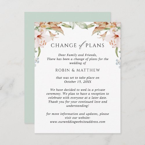Earthy Blooms Green Change of Plans Wedding Announcement