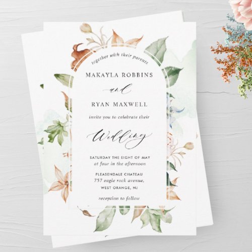 Earthy Blooms Green Stains Elegant Arch Wedding I Invitation