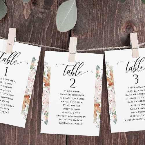 Earthy Blooms Seating Plan Cards with Guest Names