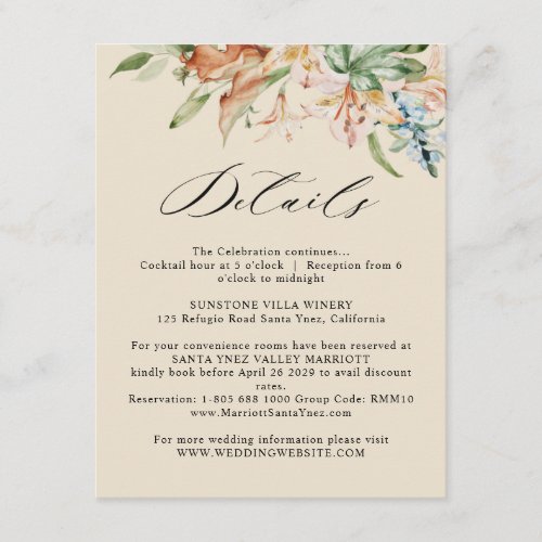 Earthy Blooms Wedding Details Beige Vertical Enclosure Card