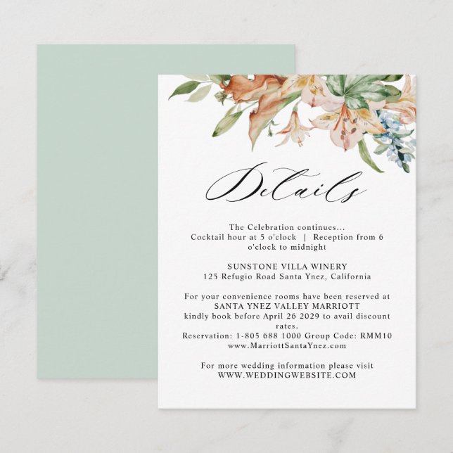 Earthy Blooms Wedding Details White and Green Enclosure Card (Front/Back)