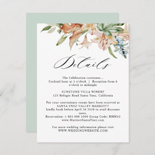 Earthy Blooms Wedding Details White and Green Enclosure Card