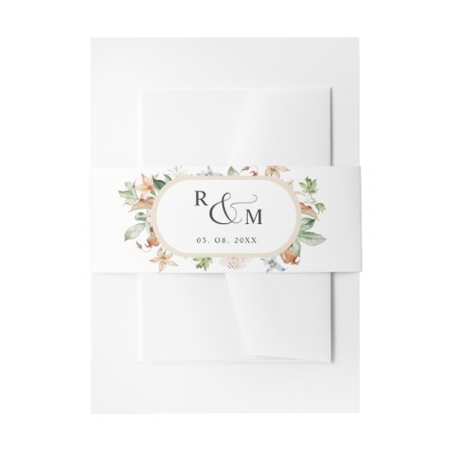 Earthy Blooms White Beige Oval Monogram Wedding Invitation Belly Band