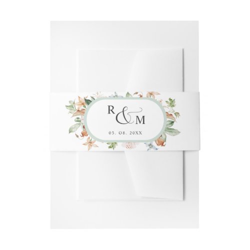 Earthy Blooms White Green Oval Monogram Wedding Invitation Belly Band