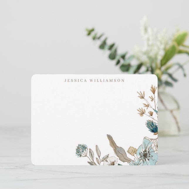Earthy Blue Botanical Personalized Stationery Name Note Card (Standing Front)