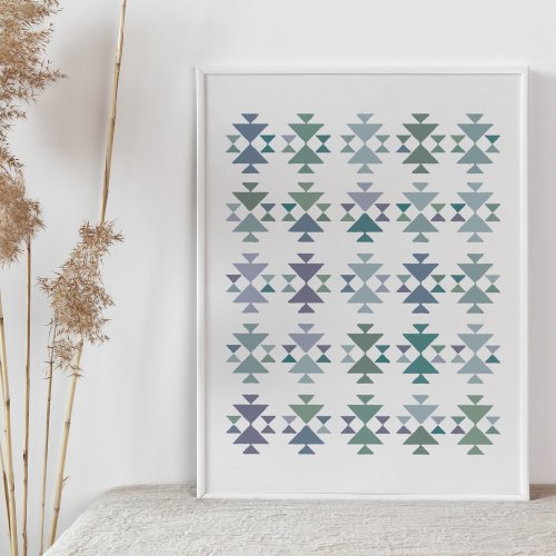 Earthy Blue Green Geometric Triangle Aztec Pattern Poster