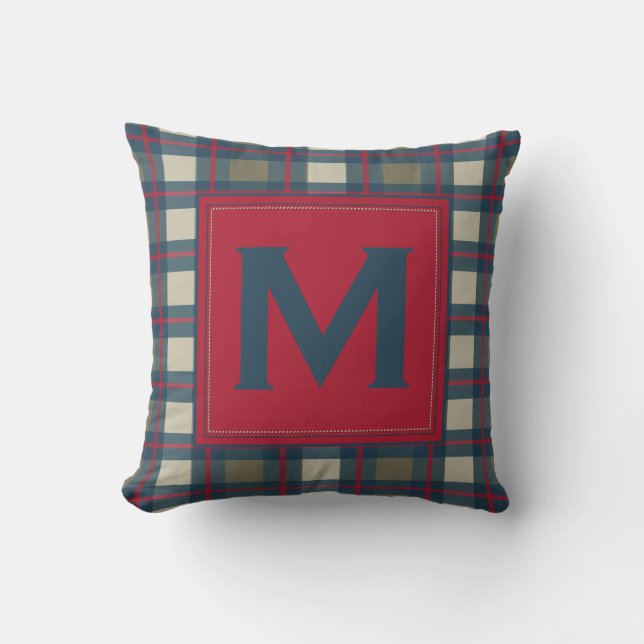 Earthy Blue Khaki Red Monogram Plaid Pillow (Front)