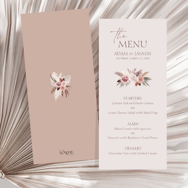 Earthy Blush Pampas Floral Boho Wedding Menu (Boho Dusty Pink Dried Flowers Pampas Grass Wedding Menu)