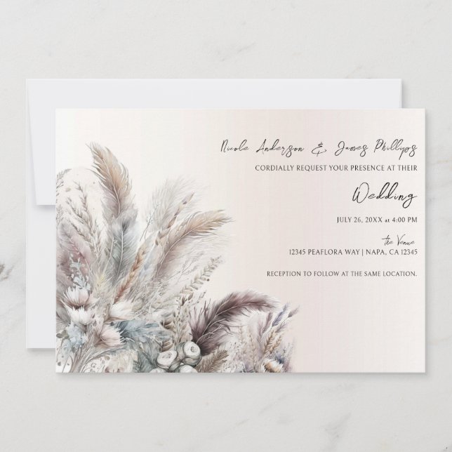 Earthy Bohemian Floral Feathers Wedding Invitation (Front)