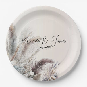 Earthy Bohemian Floral Feathers Wedding Paper Plates