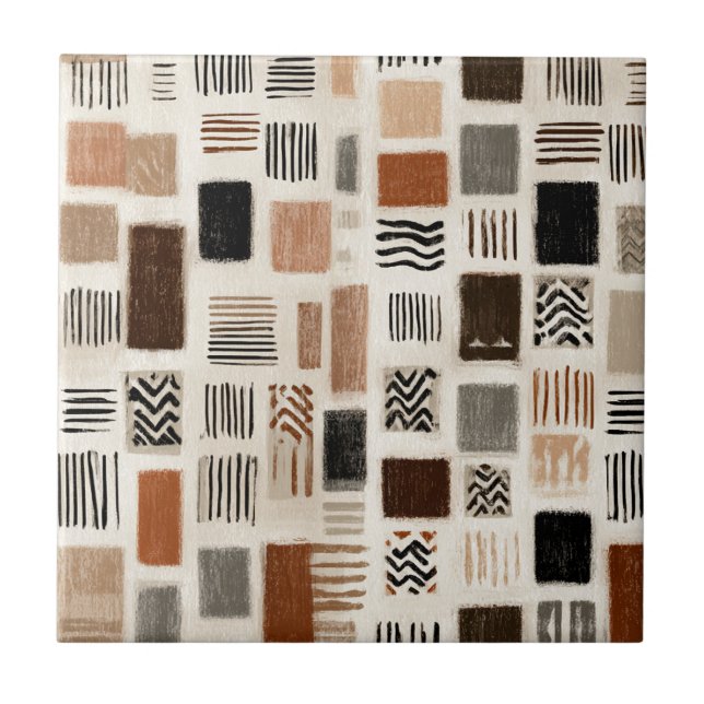 Earthy Boho Abstract Grid - Hand-Drawn Texture Ceramic Tile (Front)