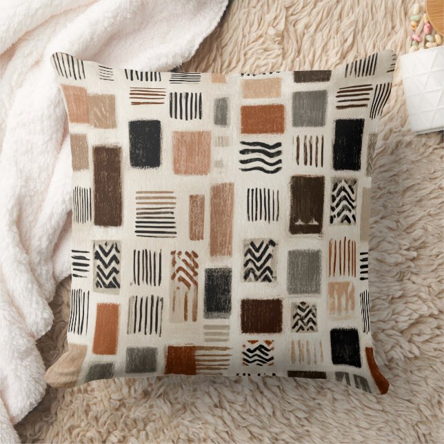 Earthy Boho Abstract Grid - Hand-Drawn Texture Throw Pillow (Blanket)