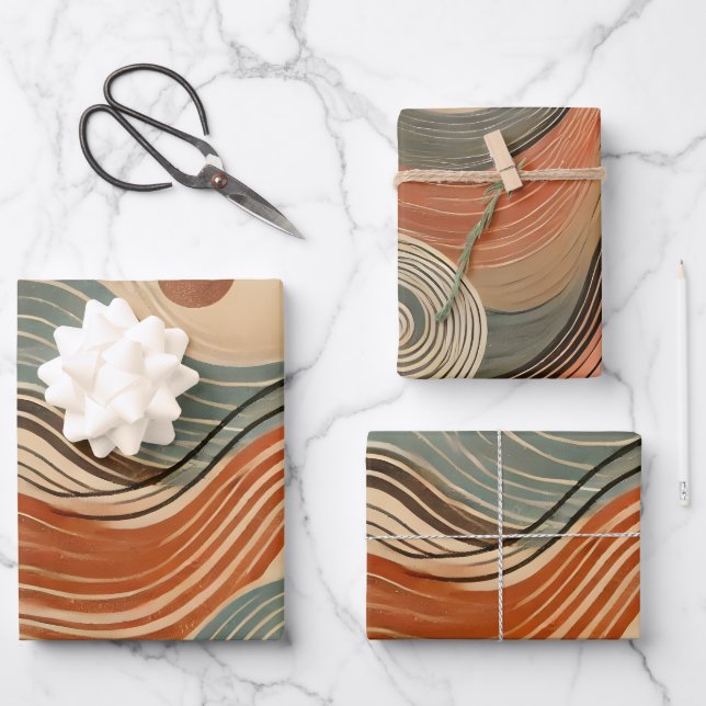 Earthy Boho Abstract Wavy Swirl Lines Wrapping Paper Sheets (Front)