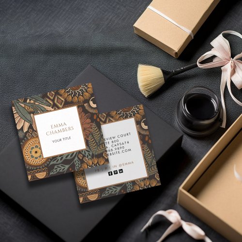 Earthy Boho Brown Black Square Business Card