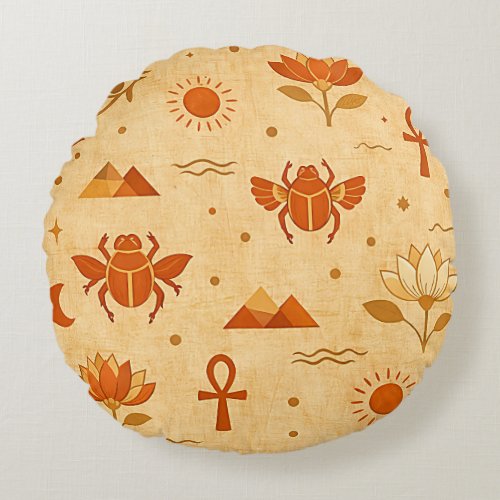 Earthy Boho Egyptian Pattern-Minimalist Pharaonic Round Pillow