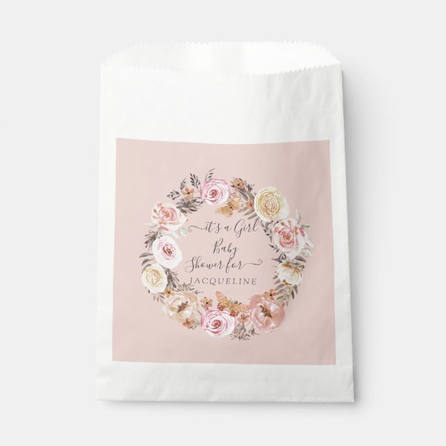 Earthy Boho Floral Blush Pink Baby Girl Shower Favor Bag (Front)