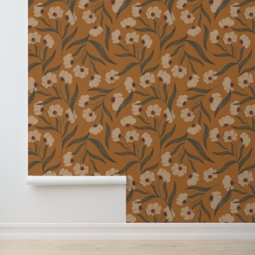 Earthy Boho Floral Copper Brown Wallpaper Wallpaper