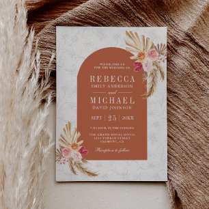 Earthy Boho Floral Pampas Terracotta Wedding Invitation