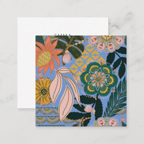 Earthy Boho Gold Blue Tropical Floral Business  Square Business Card