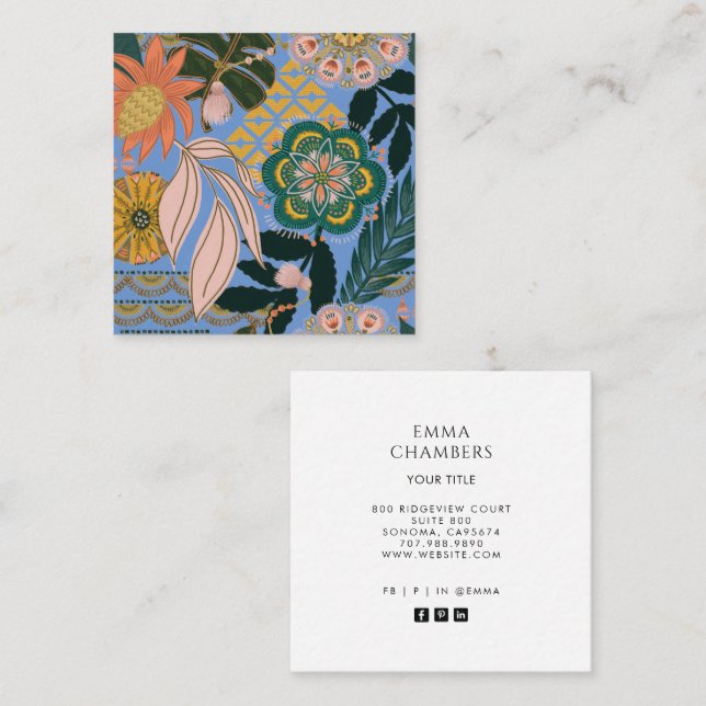 Earthy Boho Gold Blue Tropical Floral Business  Square Business Card (Front/Back)