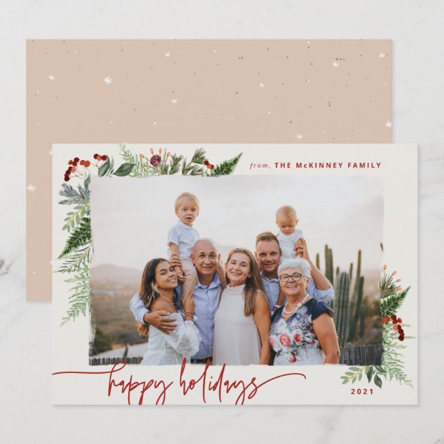 Earthy Boho Greenery Burgundy Beige Photo Holiday  Card (Front/Back)