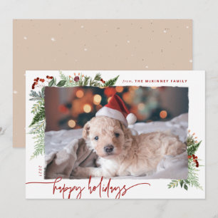 Earthy Boho Greenery Burgundy Beige Photo Holiday Card