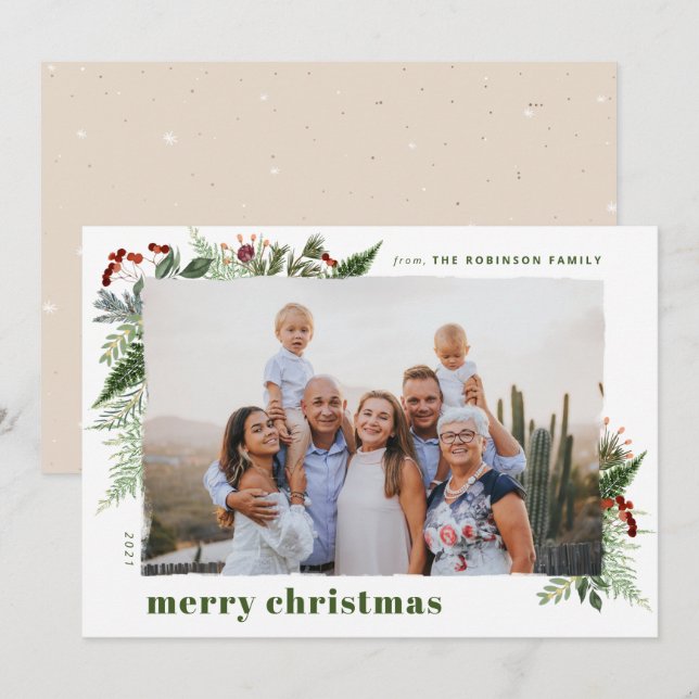 Earthy Boho Greenery Dry Brush Christmas Photo Holiday Card (Front/Back)