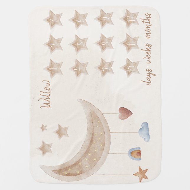 Earthy boho modern moon and stars milestone baby blanket (Front)
