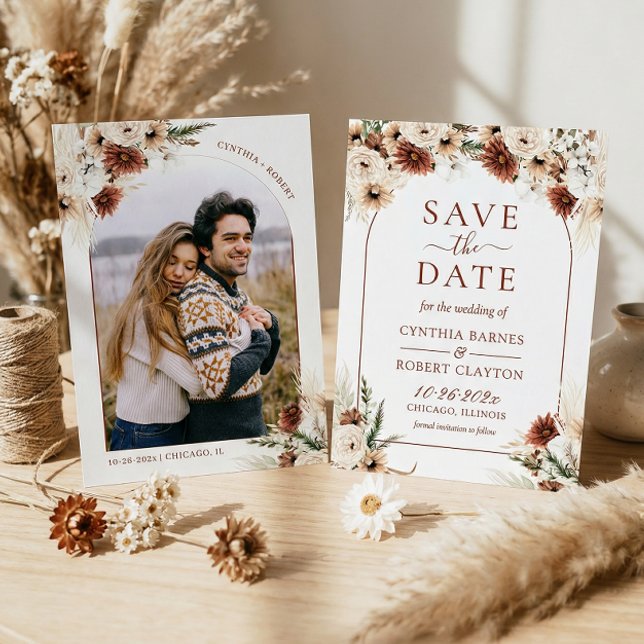Earthy Boho Pampas Grass Floral Arch Photo Save The Date (Creator Uploaded)