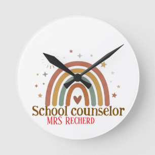 Earthy Boho Rainbow School Counselor Sign Round Clock